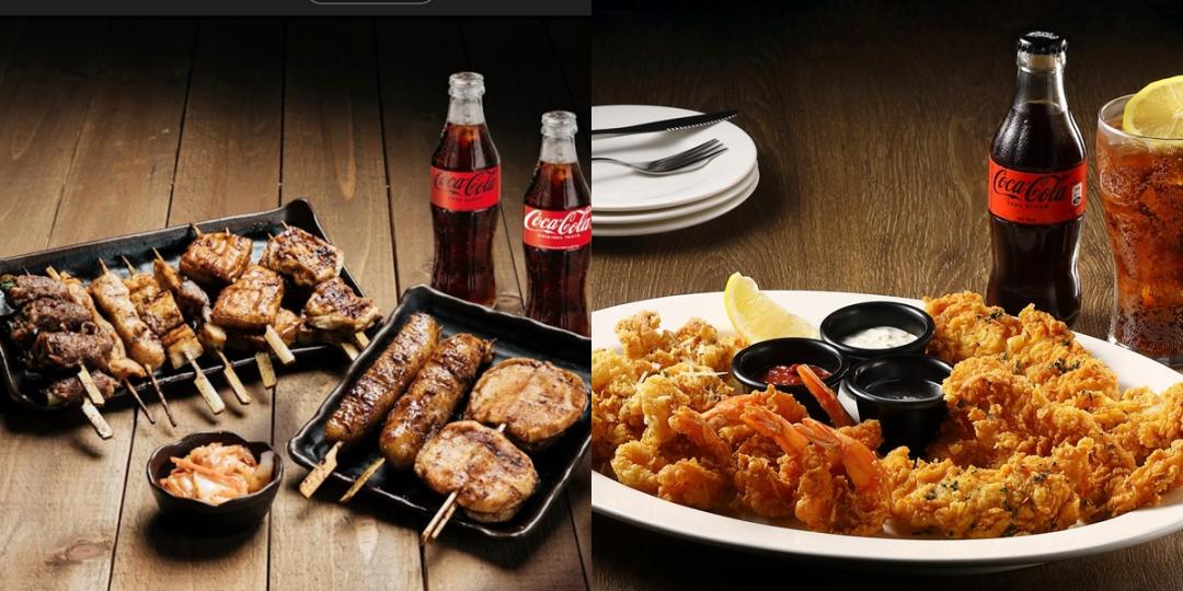 柒息地串燒居酒屋「完美嗨 Coke！」雙人組合餐599元(左)。TGI FRIDAYS「嗨Coke！組合餐」TGI FRIDAYS星期五海鮮總匯759元(右)。（品牌提供）