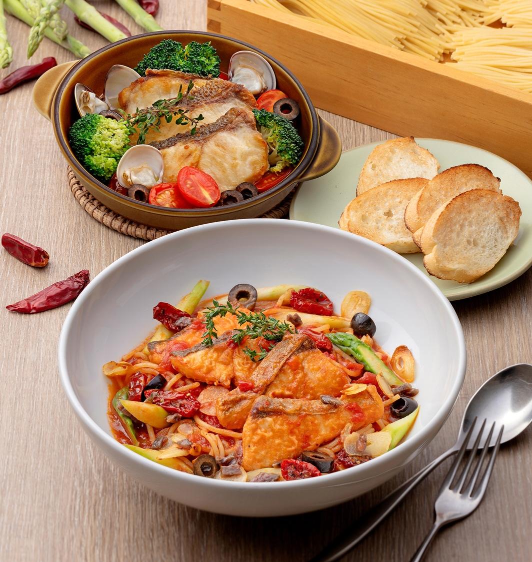 BEPPIN PASTA紅魽煙花女義大利麵410元，地中海香煎紅魽280元。（品牌提供）