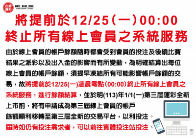 運彩》注意！12月25日起台灣運彩第二屆線上會員投注暫停服務