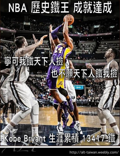 黑曼巴Kobe Bryant創下最新紀錄,成為最新「打鐵王」。(照片擷自ALT臉書) 黑曼巴Kobe Bryant創下最新紀錄,成為最新「打鐵王」。(照片擷自ALT臉書)
