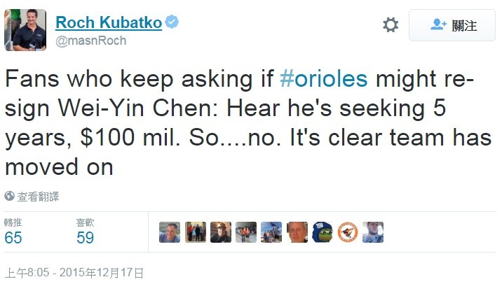 庫巴可認為金鶯不可能簽回陳偉殷。（取自庫巴可推特）