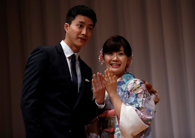 江宏傑與福原愛。（路透）