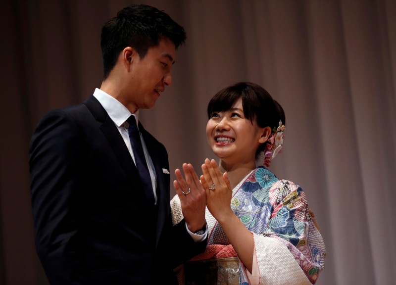 江宏傑與福原愛。（路透）