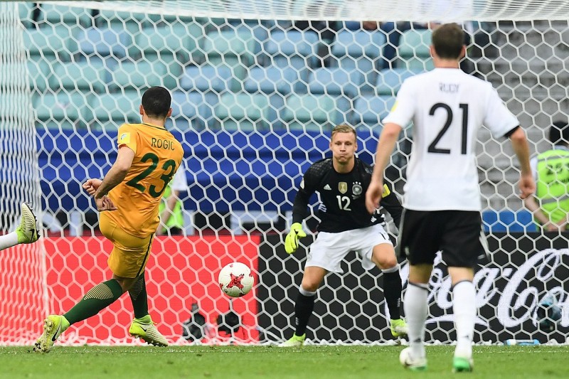 羅基奇（左）為澳洲踢進1球。（法新社）