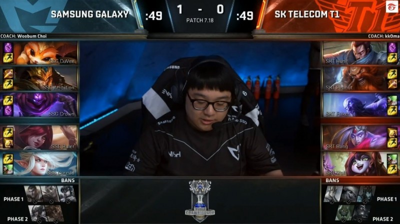 [3]第二局SSG依然先選，選擇吶兒（CuVee）、嘉文四世（Ambition）、馬爾札哈（Crown）、剎雅（Ruler）與珍娜（CoreJJ）；SKT則是犽宿（Huni）、古拉格斯（Peanut）、雷茲（Faker）、法洛士（Bang）與露露（Wolf）。（取自Twitch）