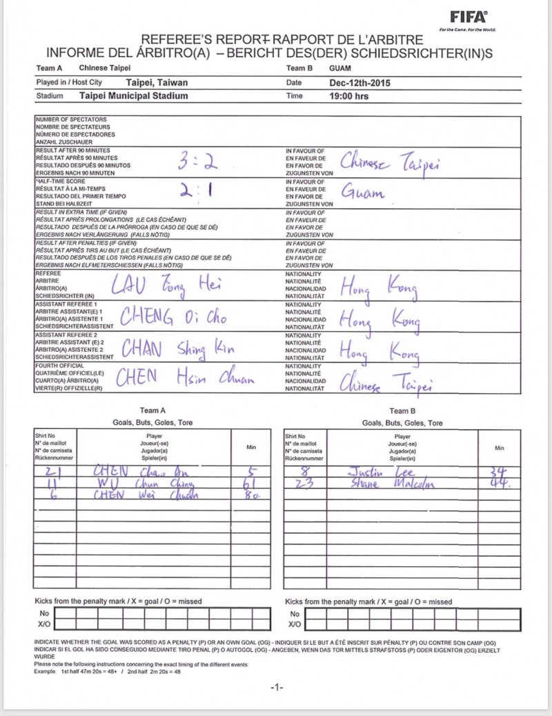 足球協會提出2016年3月19日的比賽報告，分數為3:2並非週刊所提的2:2。（足協提供）