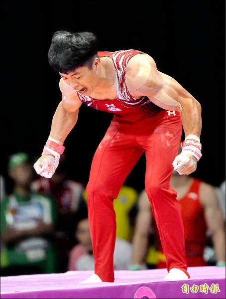 陳智郁在雅加達亞運吊環再次完美落地。（資料照，記者林正堃攝）