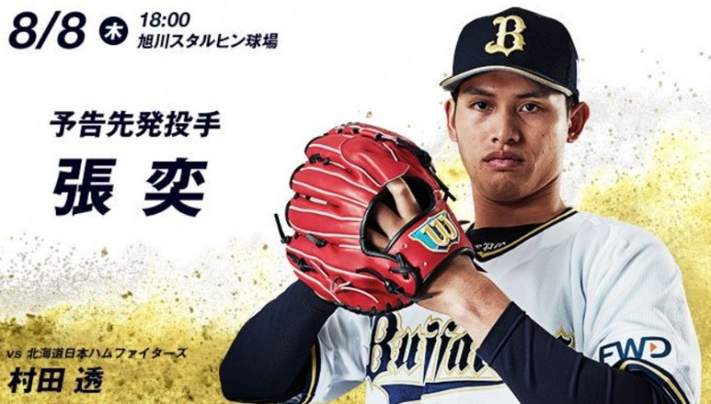 歐力士投手張奕今天迎接生涯首次先發，對決日本火腿。（圖片取自歐力士官方推特）