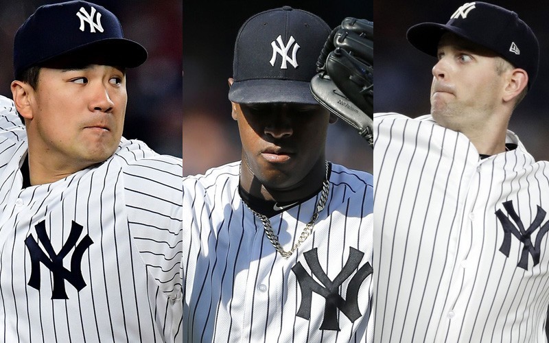 洋基隊季後賽可能先發輪值，左起田中將大、塞維里諾、派克斯頓。（資料照，法新社）