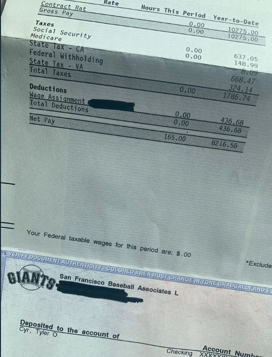 巨人3A投手席爾今天在推特貼出一張個人薪資單，引發網友熱議。（圖片取自推特）