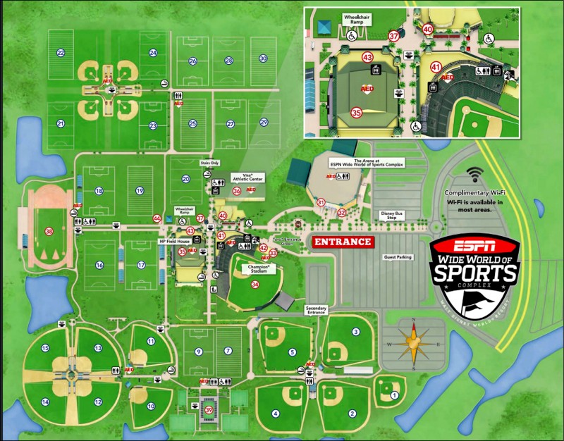 ESPN複合式體育中心園區占地廣大,擁有籃球、足球、田徑和棒壘球等場館。(取自迪士尼複合式體育中心官網) ESPN複合式體育中心園區占地廣大,擁有籃球、足球、田徑和棒壘球等場館。(取自迪士尼複合式體育中心官網)