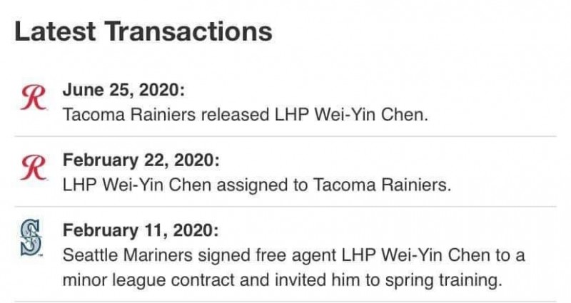 陳偉殷遭水手釋出。（取自小聯盟官網）