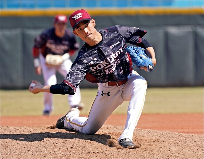 樂天桃猿下勾投手張喜凱昨先發4局無失分，只被擊出1支安打。（樂天桃猿提供）