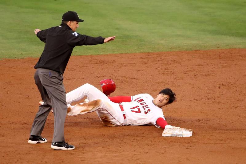 大谷翔平單場三保送跑出本季第九次盜壘成功。（法新社）
