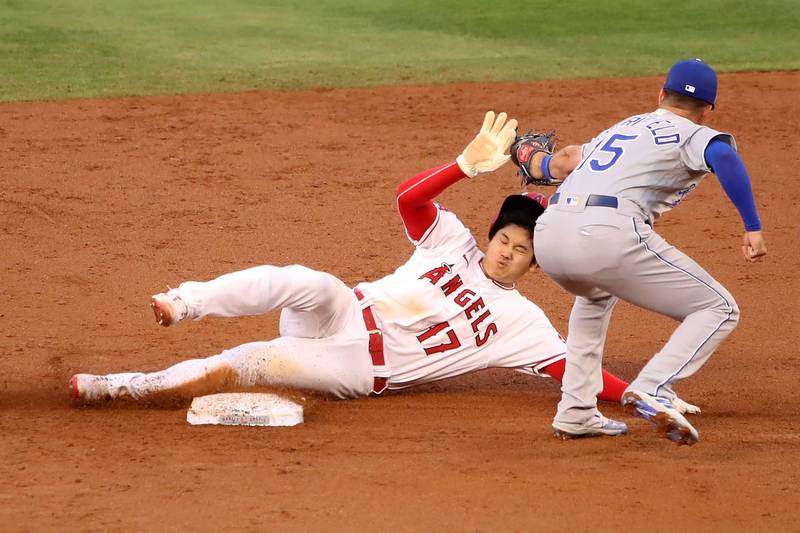 大谷翔平單場三保送跑出本季第九次盜壘成功。（法新社）