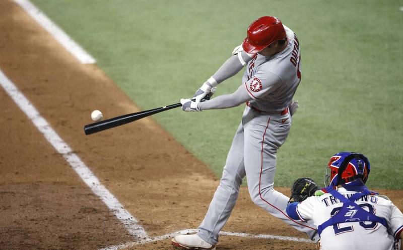 大谷翔平單場雙安，單季百安達陣。（法新社）