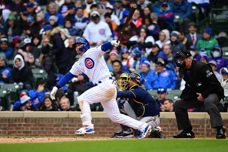 鈴木誠也開幕戰首秀敲出大聯盟首安。（法新社）