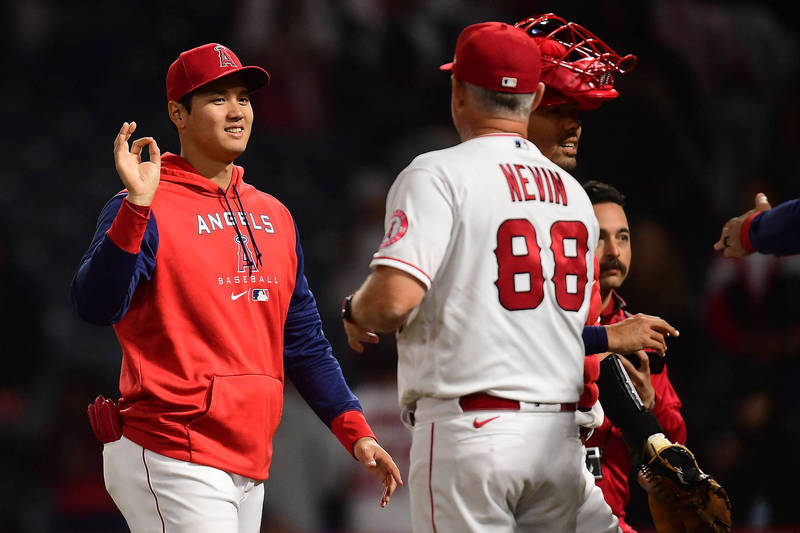 大谷翔平敲安跑回1分，天使收下3連勝。（USA TODAY Sports）