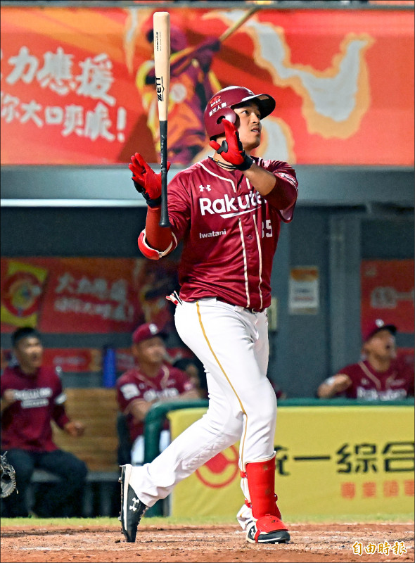 猿隊朱育賢本季10轟出爐，連續8年全壘打達到2位數。
（記者李惠洲攝）
