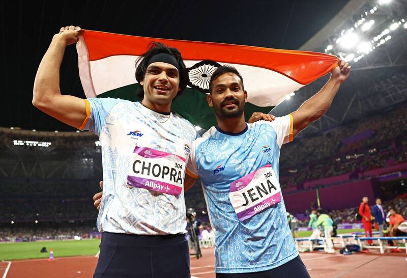 丘帕拉和傑納在亞運男子標槍幫助印度金包銀。（路透）