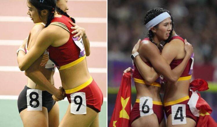 中國女子跨欄選手吳艷妮亞運兩次擁抱對手，意外凑出「8964」敏感數字。（圖擷自X）