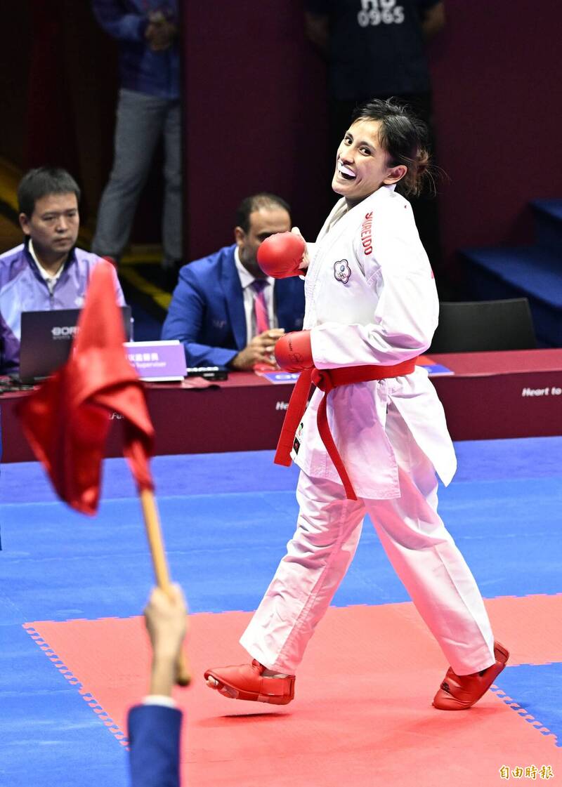谷筱霜關鍵一踢讓自己拿下金牌。（特派記者陳志曲攝）