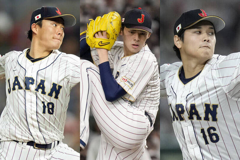 山本由伸、佐佐木朗希、大谷翔平。（資料照）