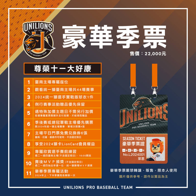 統一7-ELEVEN獅推出台南主場年度季票其中包括「一般年度季票」及「豪華年度季票」。（統一提供）