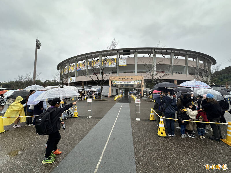 日本近期天氣又濕又冷，軟銀春訓基地仍湧進不少球迷。（特派記者龔乃玠攝）