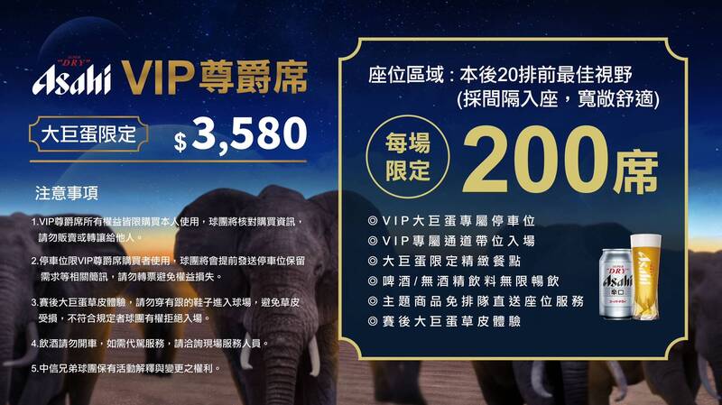 中信兄弟大巨蛋主場票價公佈。（球團提供）