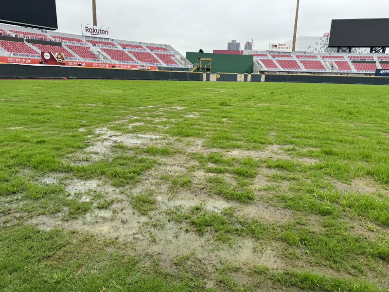 桃園棒球場4月8日場勘草皮狀況。（中職提供）