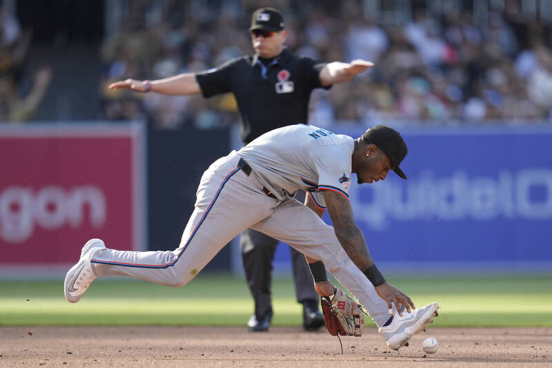 馬林魚游擊手安德森單局出現2次守備失誤。（美聯社）