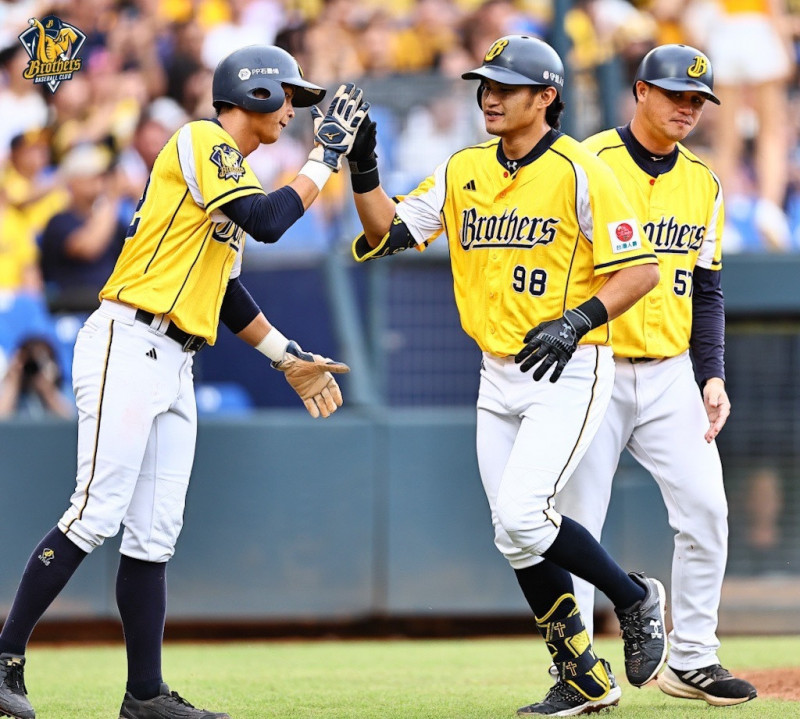 中信兄弟岳東華（中）1局下就轟出2分彈，回本壘時與弟弟岳政華（左）擊掌。（中信球團提供）