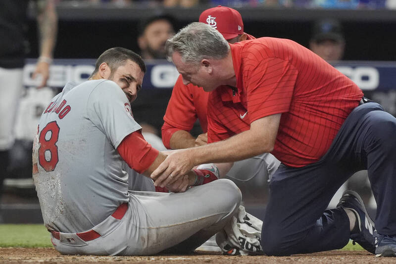 紅雀強打艾倫納多挨觸身球。（美聯社）