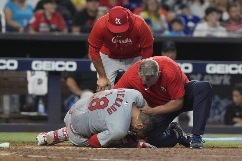 紅雀強打艾倫納多挨觸身球。（美聯社）