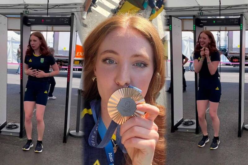 日前與隊友一起摘下巴黎奧運女排銅牌的茱莉亞（Júlia Bergmann），在IG分享一段逗趣影片，吸引千萬網友觀看。（圖擷取自@juliabergmann6 IG、@updatesbergmann 社群平台「X」，本報合成）