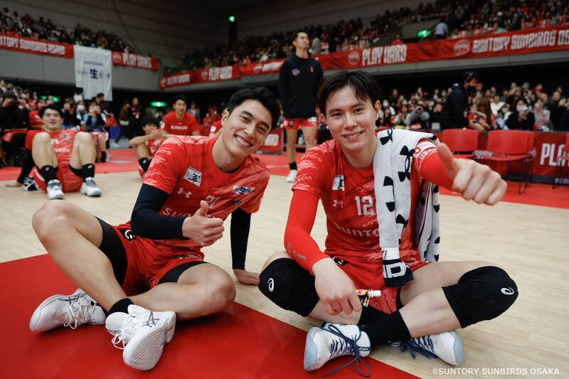 去年日本V聯賽轉型成SV聯賽後，高橋藍（右）選擇回日本打球，並宣布加盟哥哥高橋壘（左）效力多年的三得利太陽鳥大阪。（圖擷取自@sun_SUNBIRDS 社群平台「X」）