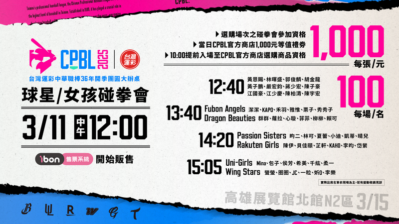 球星女孩碰拳會資格劵將採「實名制」，每張1000元。（中職提供）