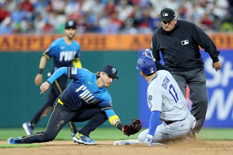 大谷翔平盜壘失敗。（法新社）