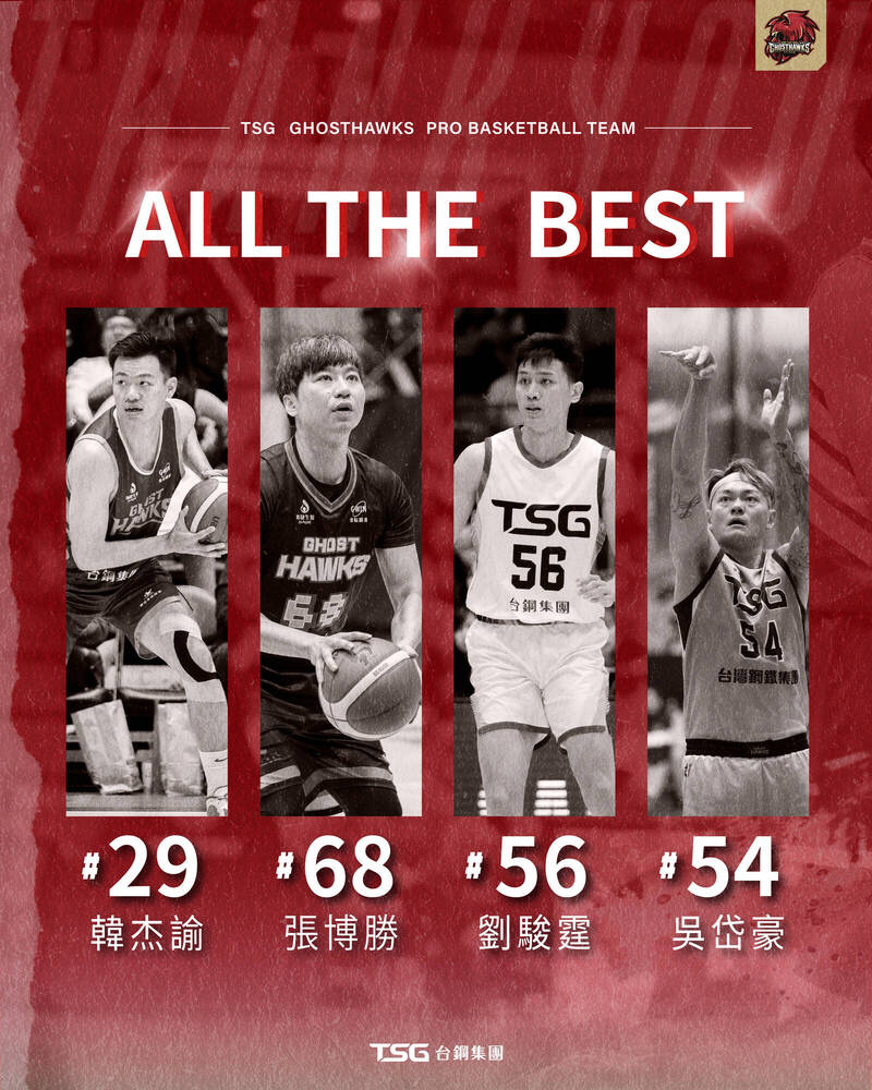 台鋼獵鷹宣布張博勝、吳岱豪、劉駿霆與韓杰諭正式離隊。（台鋼獵鷹提供）