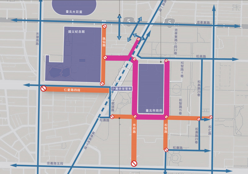 世壯運17日開幕典禮暨遊行交通管制路段，粉色管制時段自10點至19點、橘色管制時間自15點至19點。（台北市政府提供）