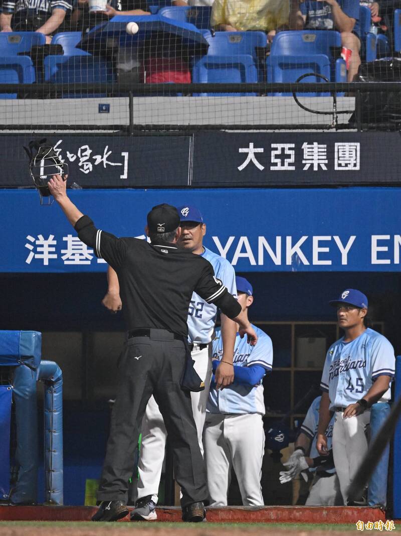 富邦悍將總教練陳金鋒把球丟回場內。（記者陳逸寬攝）
