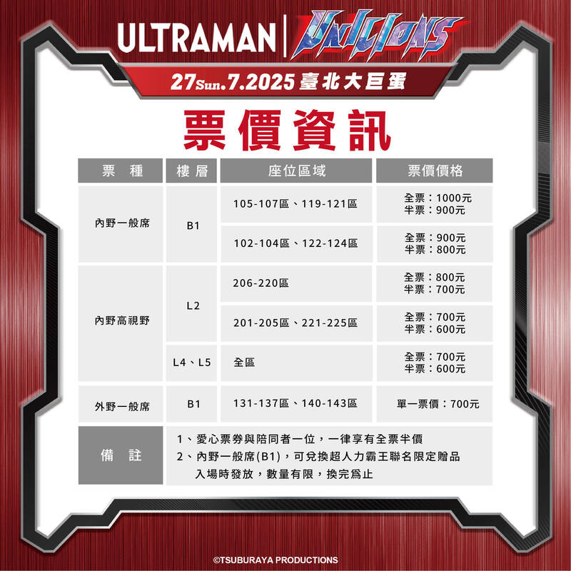 統一獅今天公布7月25-27日大巨蛋舉辦的超人力霸王聯名主題日票價資訊。（統一獅提供）
