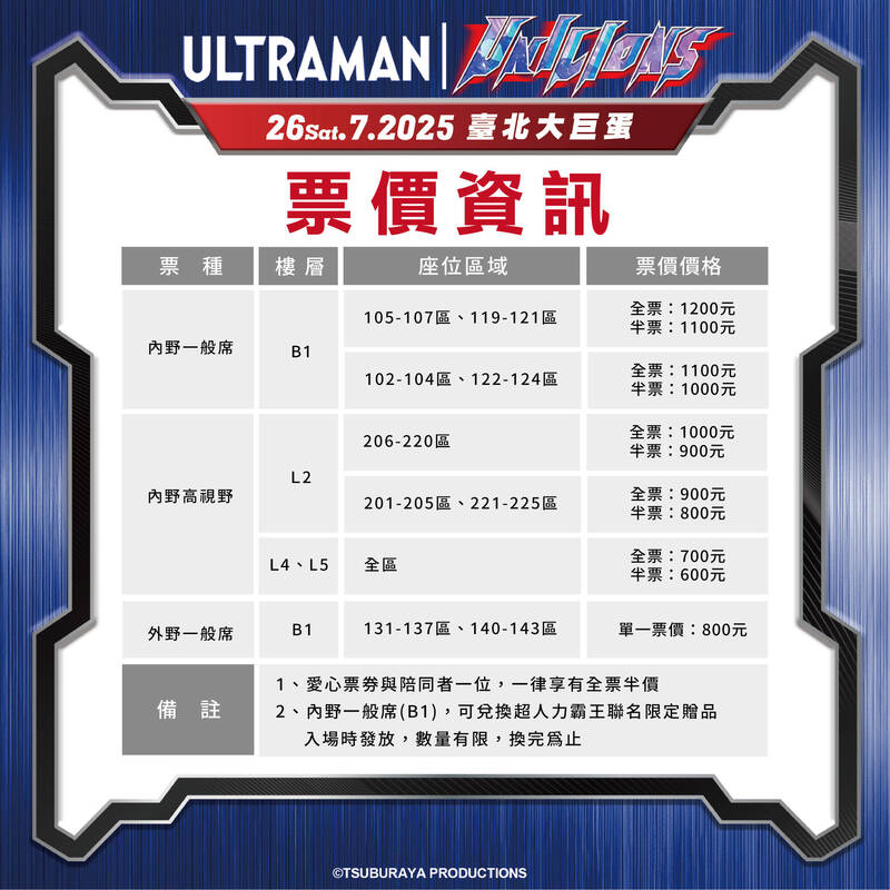 統一獅今天公布7月25-27日大巨蛋舉辦的超人力霸王聯名主題日票價資訊。（統一獅提供）