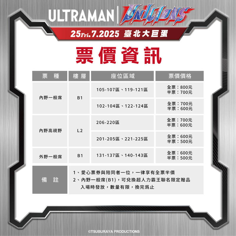 統一獅今天公布7月25-27日大巨蛋舉辦的超人力霸王聯名主題日票價資訊。（統一獅提供）