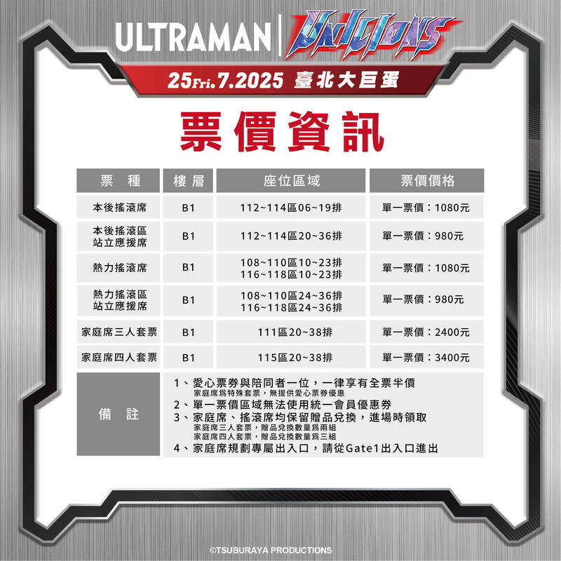 統一獅今天公布7月25-27日大巨蛋舉辦的超人力霸王聯名主題日票價資訊。（統一獅提供）