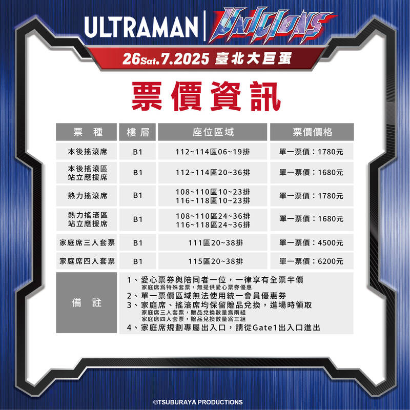 統一獅今天公布7月25-27日大巨蛋舉辦的超人力霸王聯名主題日票價資訊。（統一獅提供）