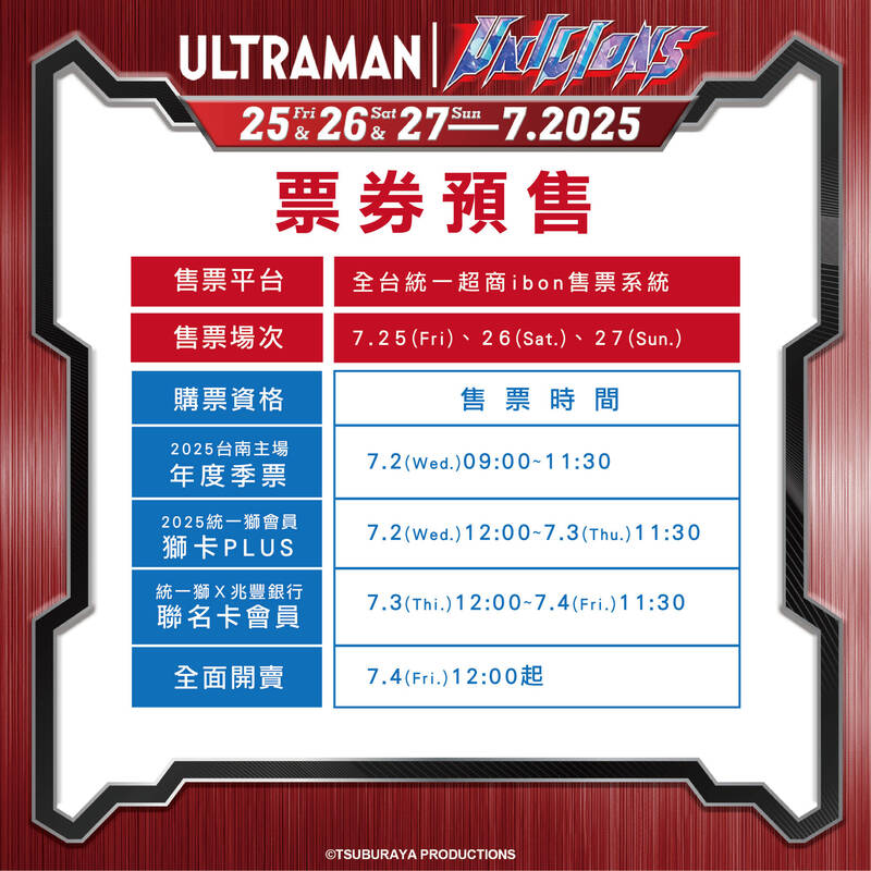 統一獅今天公布7月25-27日大巨蛋舉辦的超人力霸王聯名主題日票價資訊。（統一獅提供）