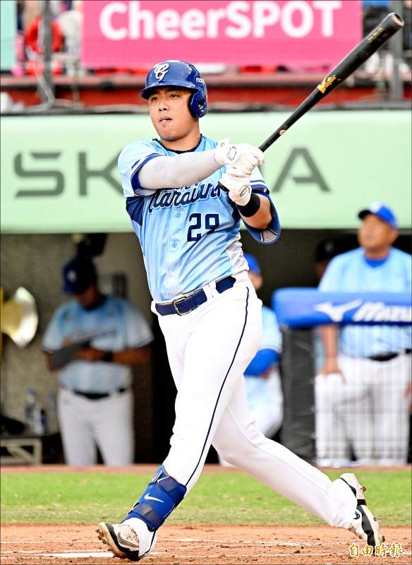 悍將申皓瑋幫助球隊破蛋。（記者林正堃攝）