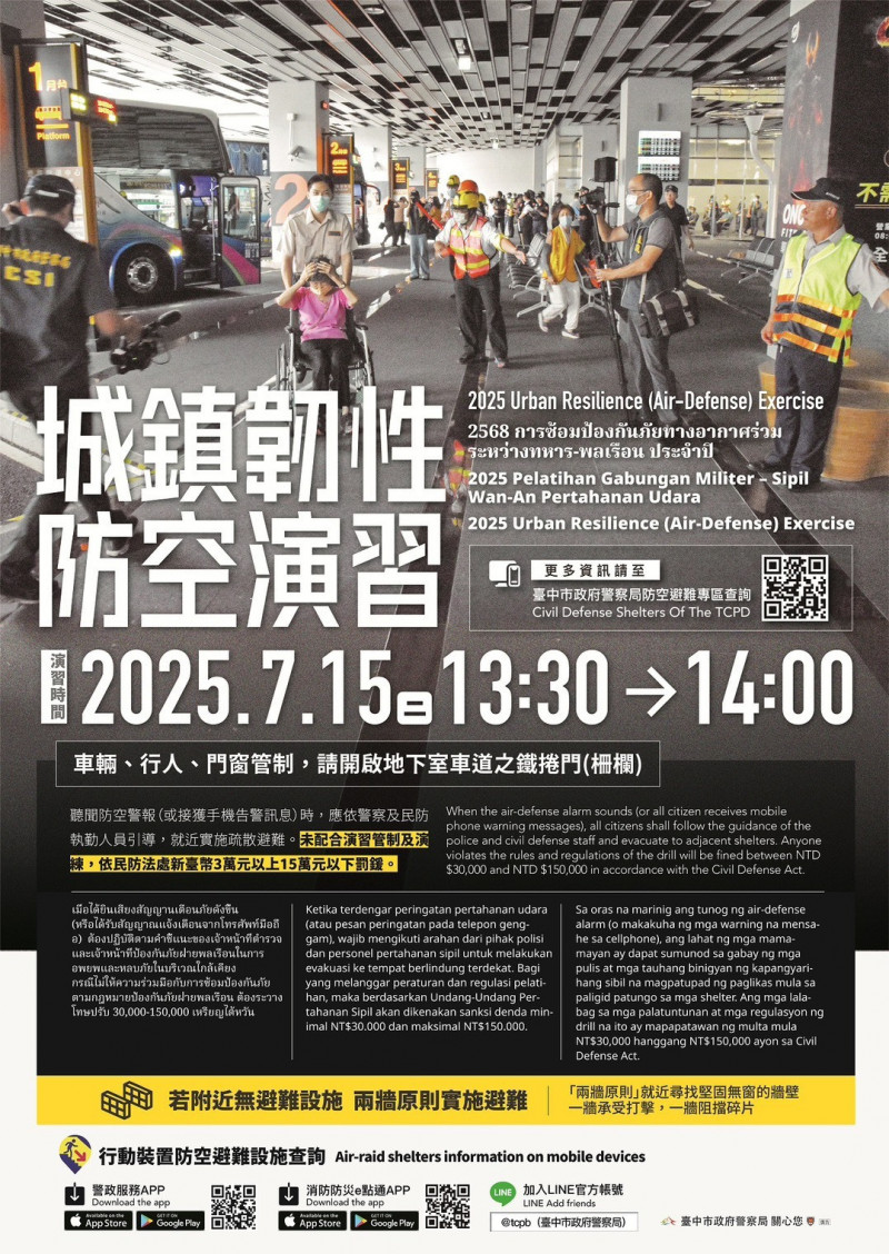 中部「2025城鎮韌性（防空）演習」15日登場。（警方提供）